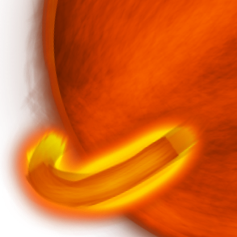 A zoomed in drawing of a red star. The star is mostly a crimson red sticking out for the star is a bright and glowing red and orange curved line.